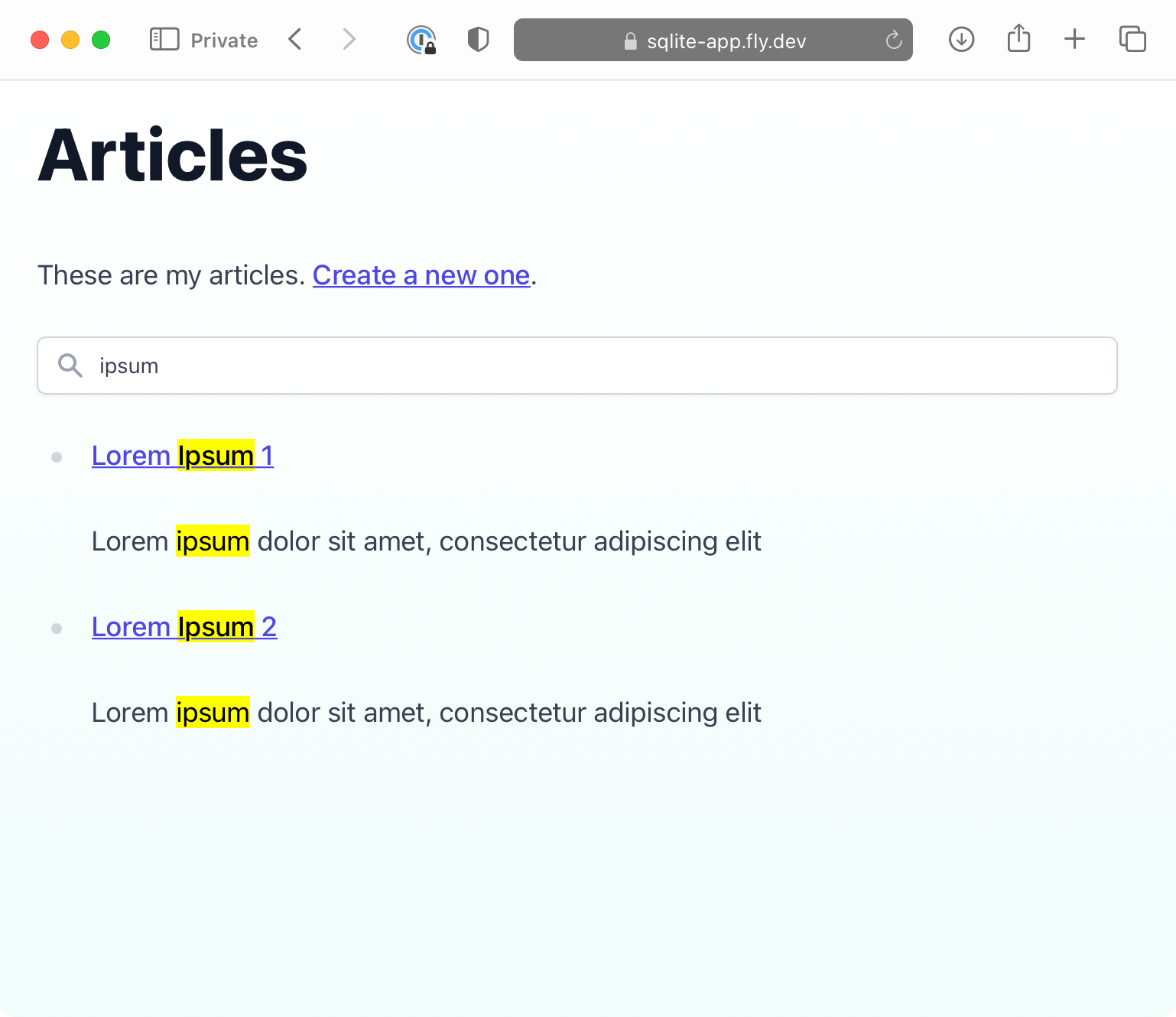 A screenshot of the sqlite-app web app, showing an article search.